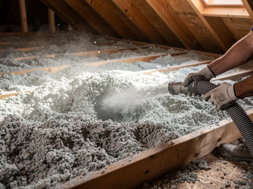 Soufflage de flocons de ouate de cellulose sur le plancher de combles perdus