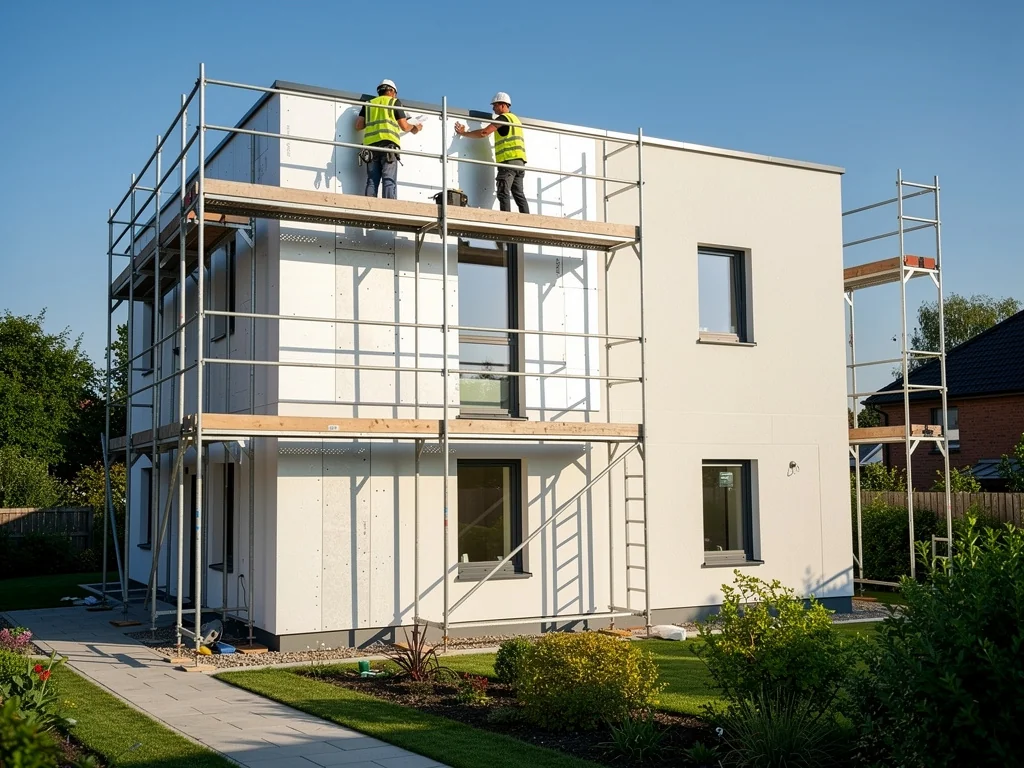 Isolation des murs par l'extérieur sous enduit avec échafaudage